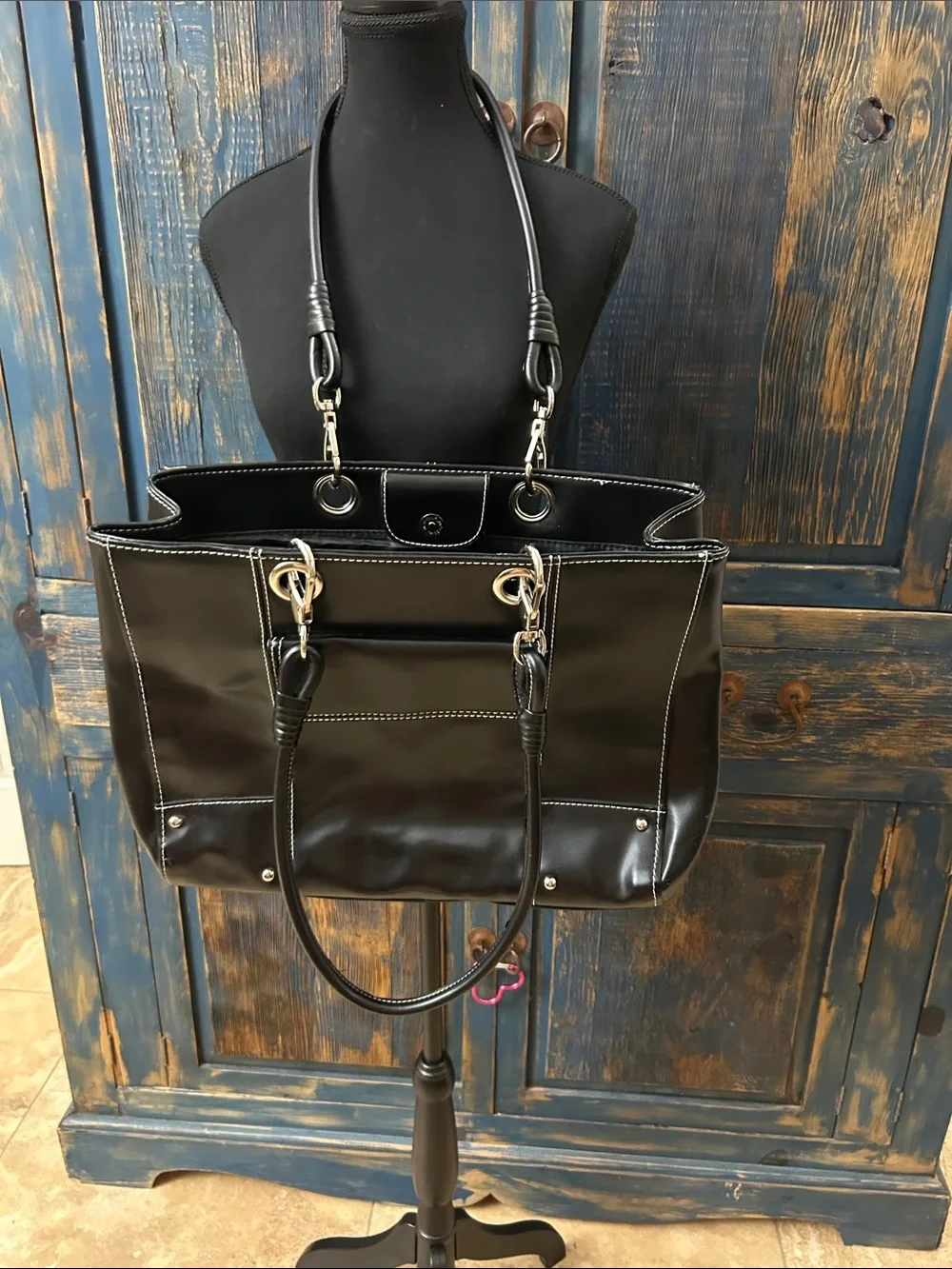 Wilsons Leather Black Leather Tote with Contrast Stitching